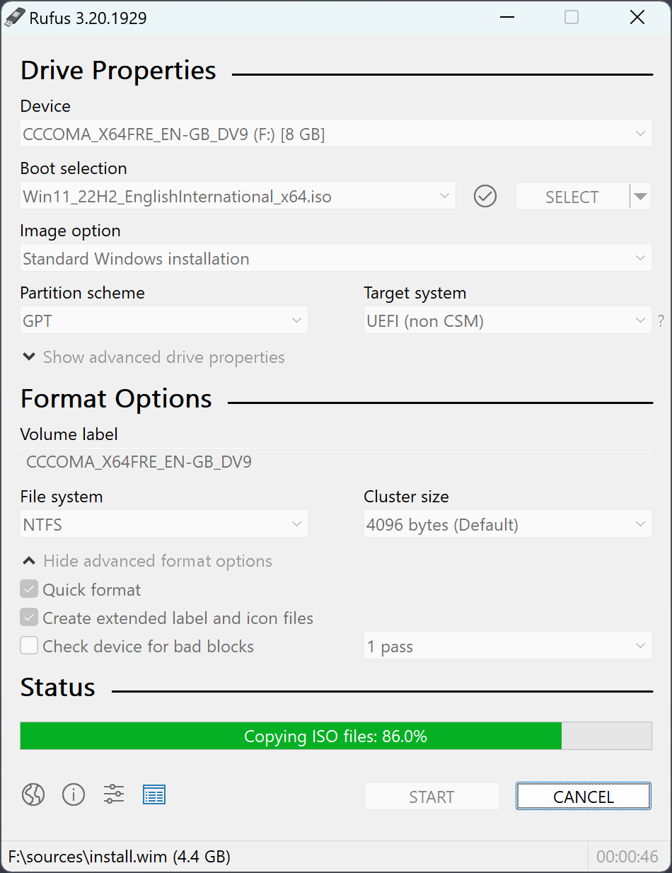 Rufus bootable USB creator main interface Windows 11 ISO selection