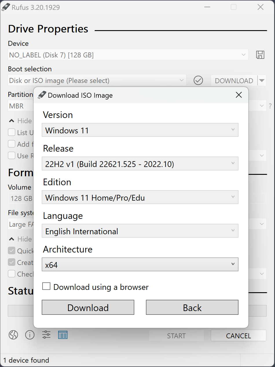 Rufus partition scheme MBR GPT dropdown and target system UEFI BIOS selection